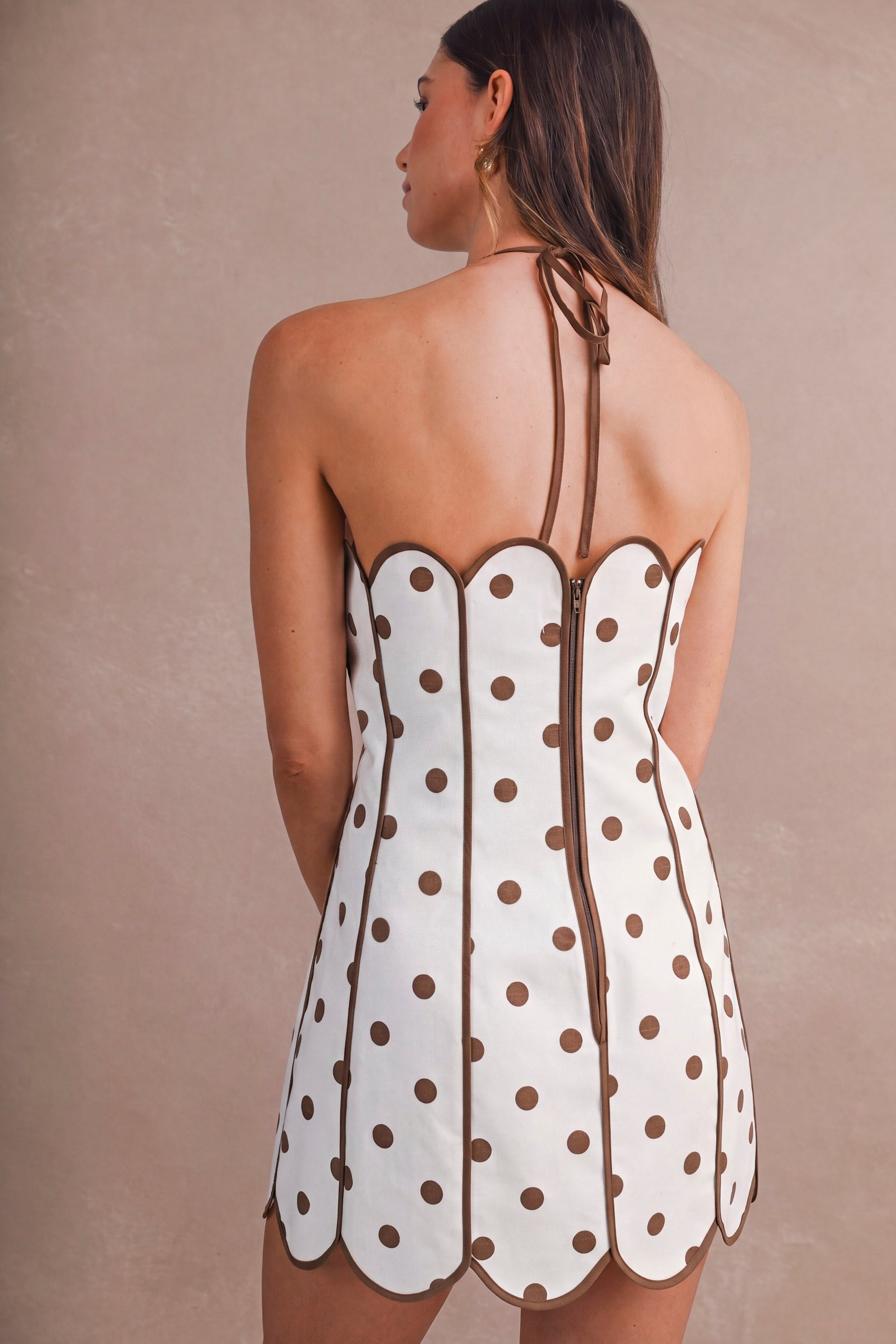 Brown Strapless Polka Dot Halter Neck Back Tie Scalloped Mini Dress