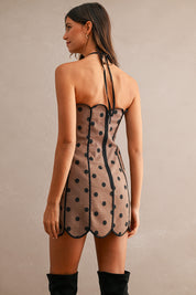 Mocha Strapless Polka Dot Halter Neck Back Tie Scalloped Mini Dress