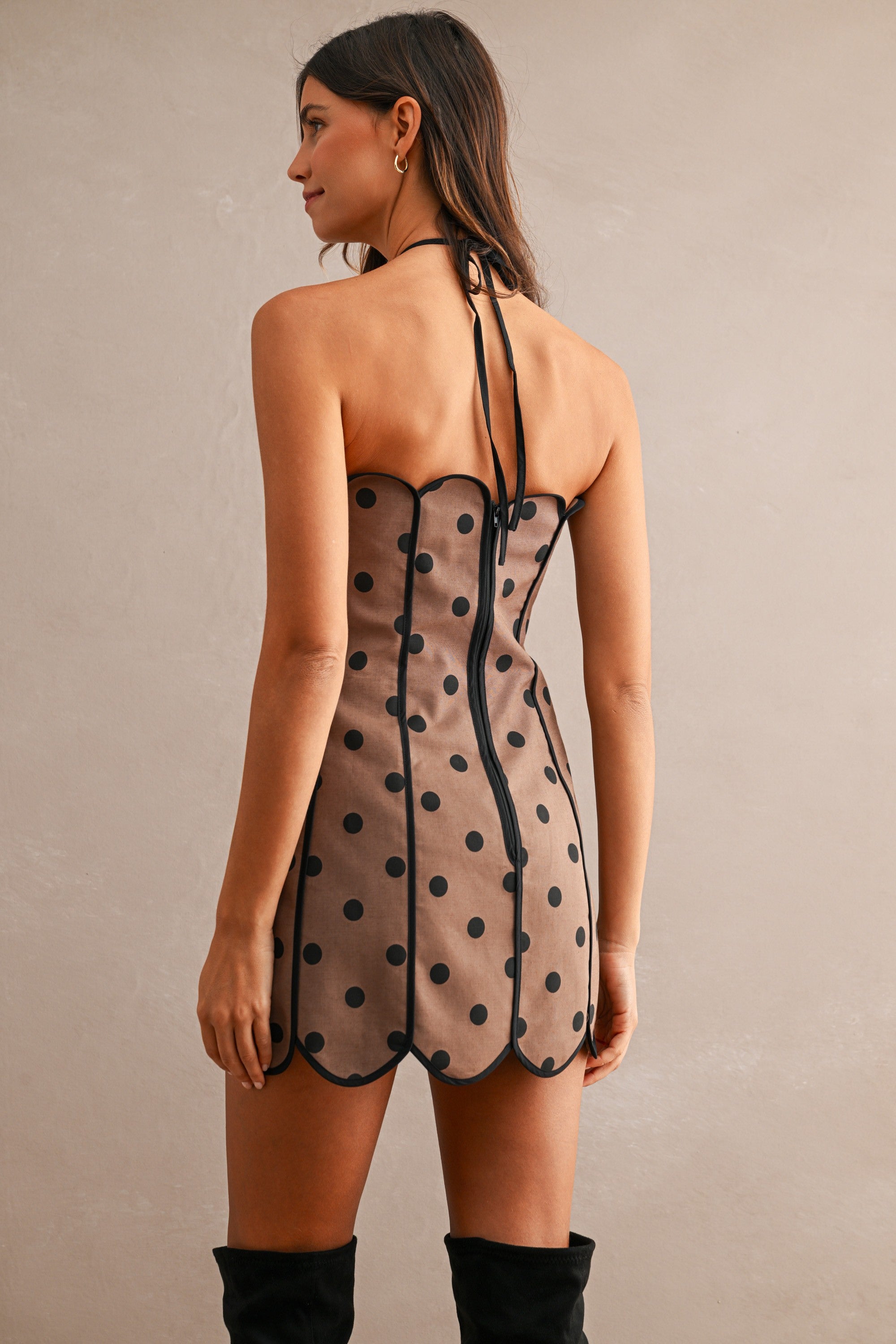 Mocha Strapless Polka Dot Halter Neck Back Tie Scalloped Mini Dress