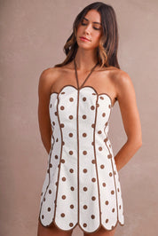 Brown Strapless Polka Dot Halter Neck Back Tie Scalloped Mini Dress