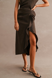 Brown Cap Sleeve Draped Waist Cascading Ruffle Slit Midi Dress
