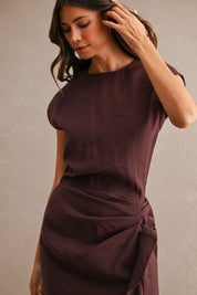 Wine Cap Sleeve Draped Waist Cascading Ruffle Slit Midi Dress