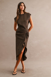 Brown Cap Sleeve Draped Waist Cascading Ruffle Slit Midi Dress