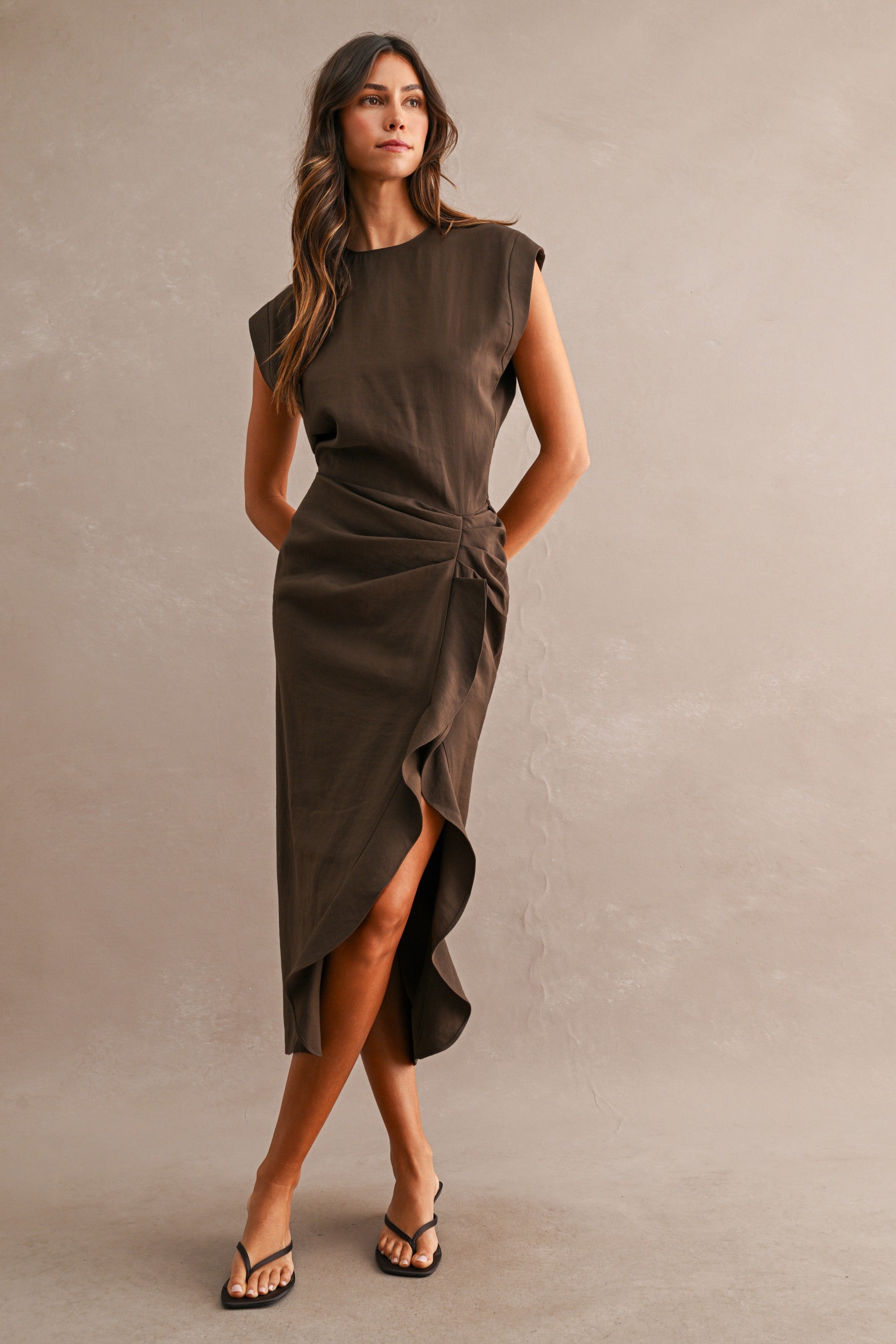 Brown Cap Sleeve Draped Waist Cascading Ruffle Slit Midi Dress