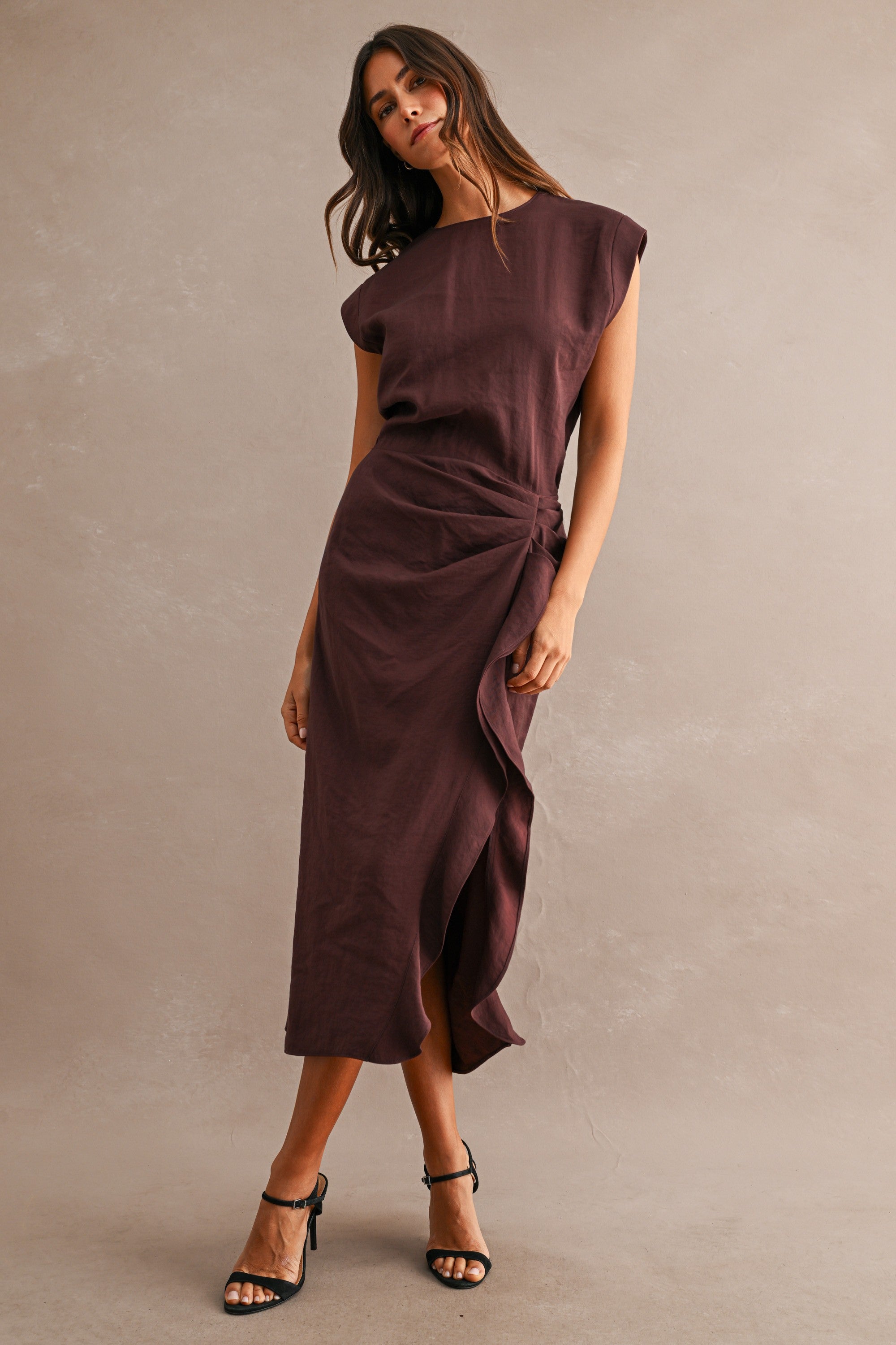 Wine Cap Sleeve Draped Waist Cascading Ruffle Slit Midi Dress