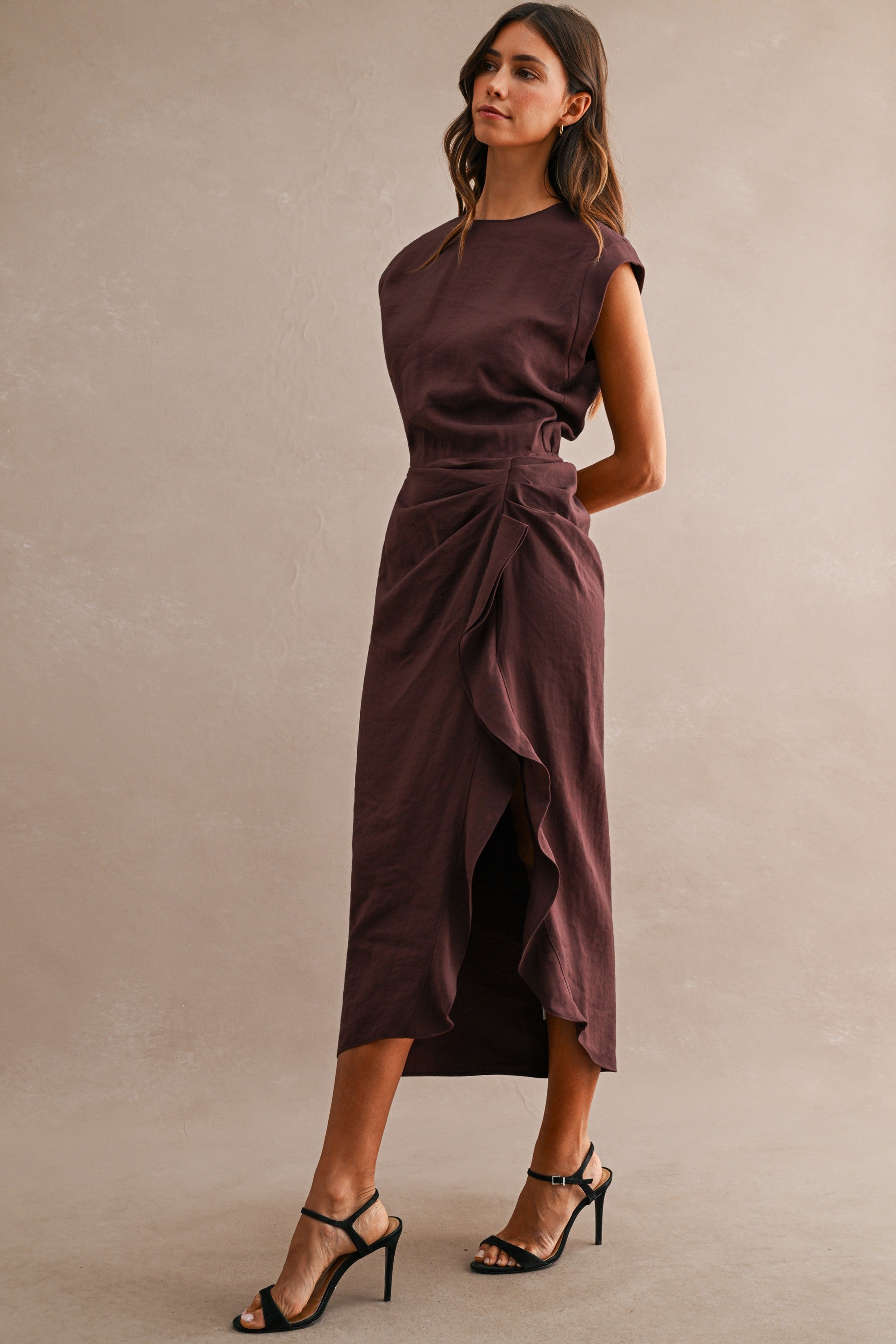 Wine Cap Sleeve Draped Waist Cascading Ruffle Slit Midi Dress