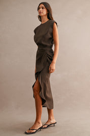 Brown Cap Sleeve Draped Waist Cascading Ruffle Slit Midi Dress