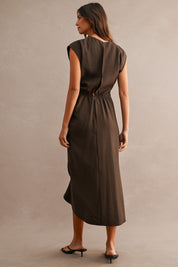 Brown Cap Sleeve Draped Waist Cascading Ruffle Slit Midi Dress