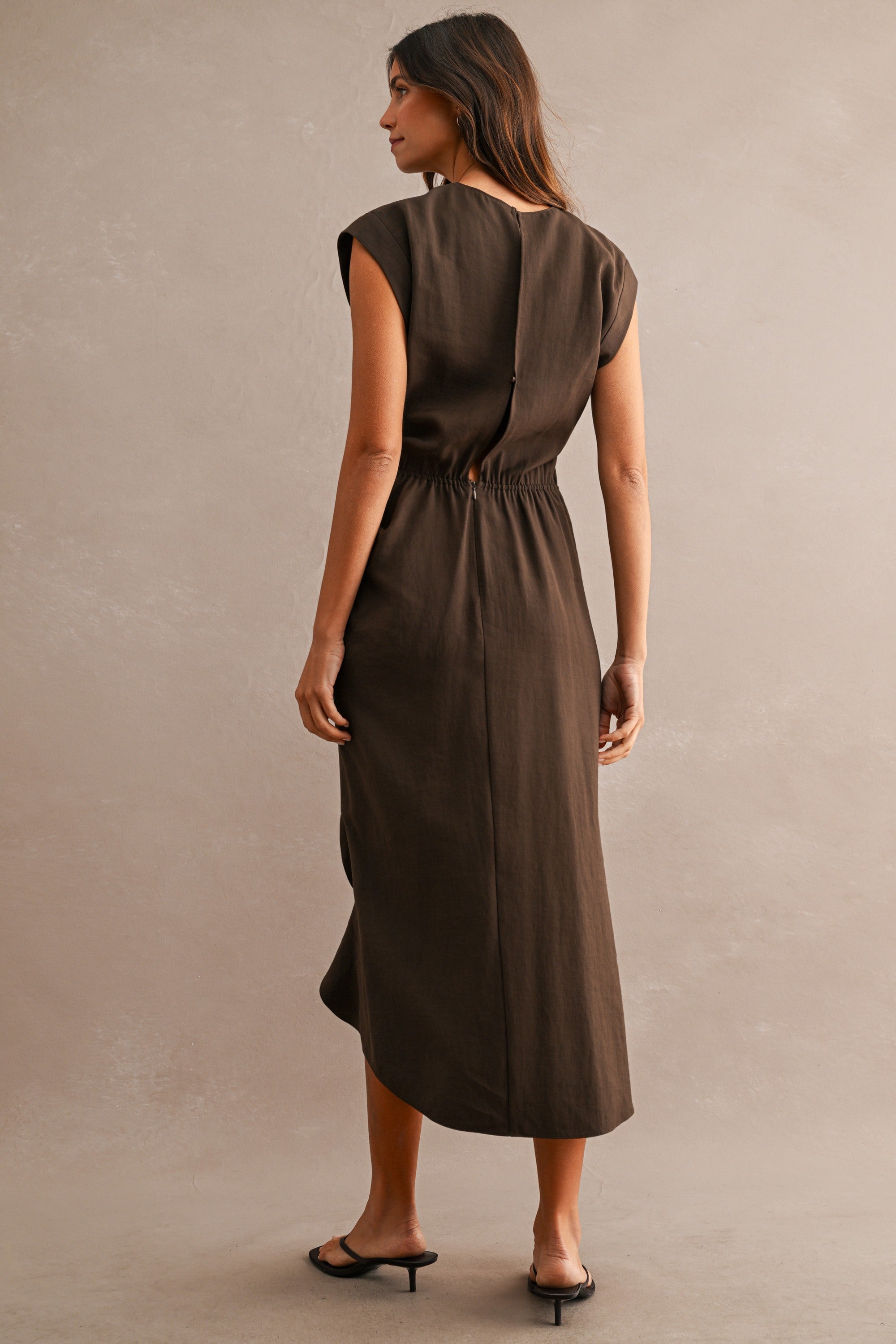 Brown Cap Sleeve Draped Waist Cascading Ruffle Slit Midi Dress