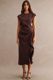 Wine Cap Sleeve Draped Waist Cascading Ruffle Slit Midi Dress