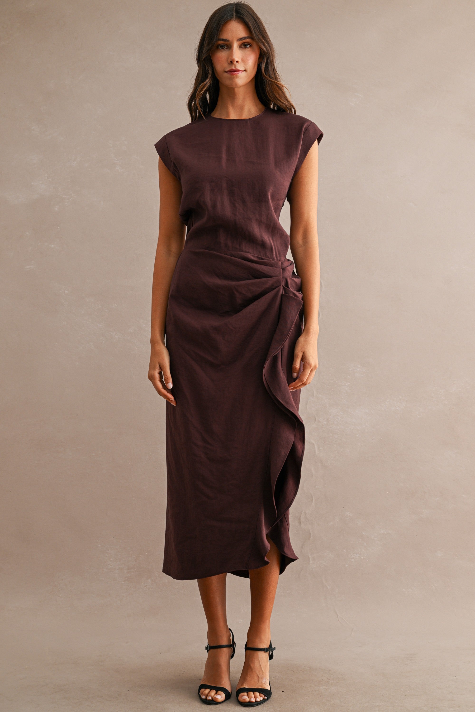 Wine Cap Sleeve Draped Waist Cascading Ruffle Slit Midi Dress