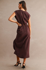 Wine Cap Sleeve Draped Waist Cascading Ruffle Slit Midi Dress