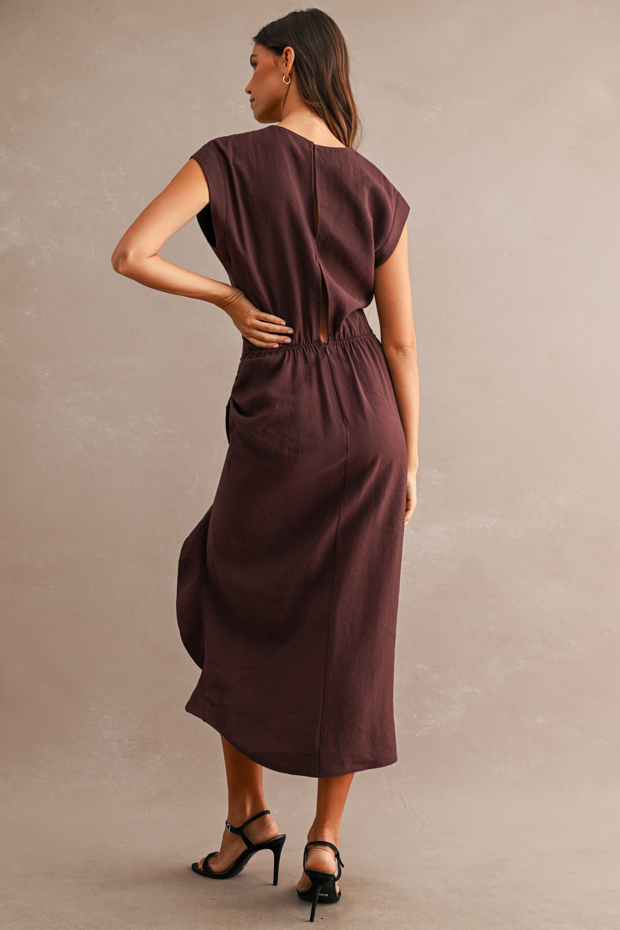 Wine Cap Sleeve Draped Waist Cascading Ruffle Slit Midi Dress
