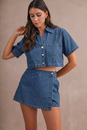 Denim Short Sleeve Collar Shirt And Skort Set
