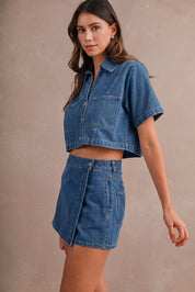 Denim Short Sleeve Collar Shirt And Skort Set