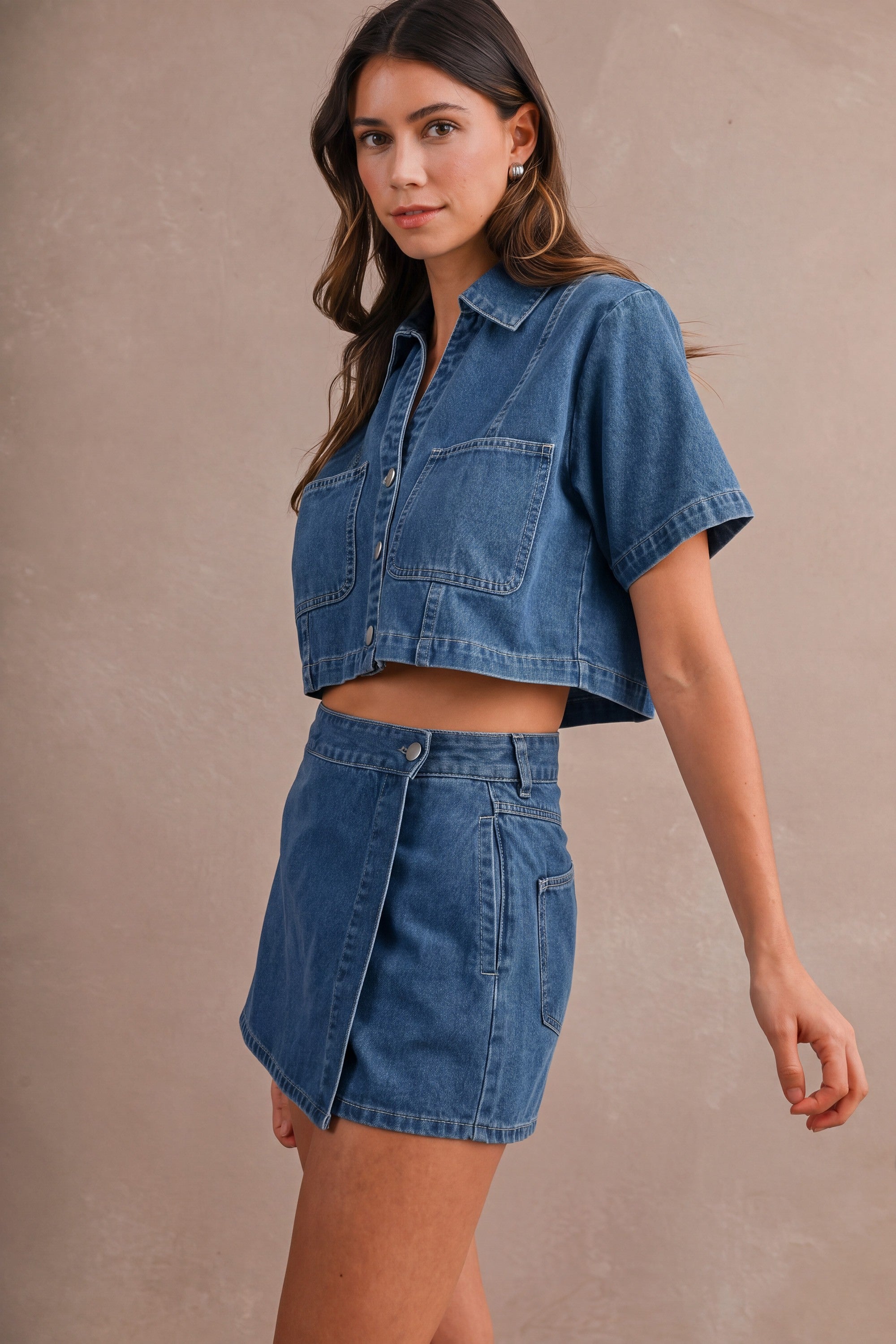 Denim Short Sleeve Collar Shirt And Skort Set