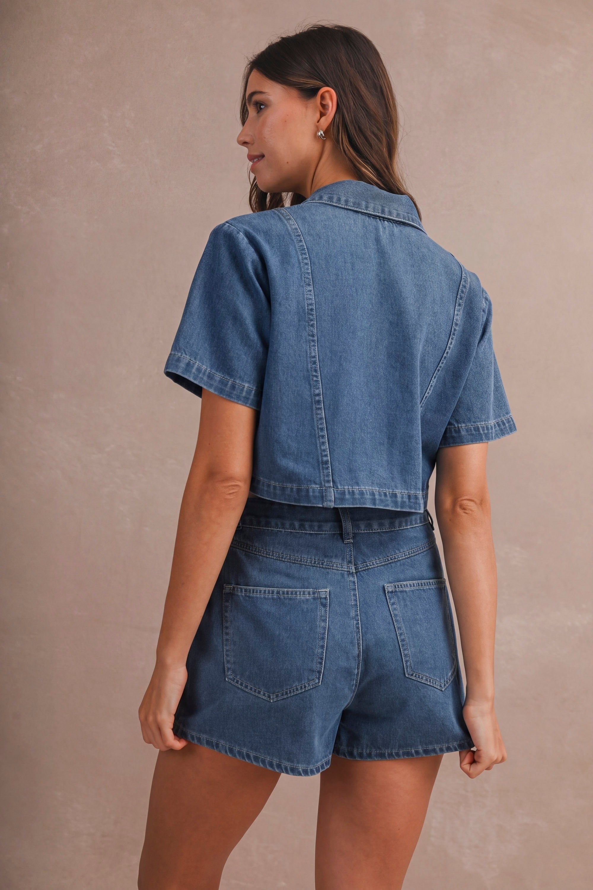 Denim Short Sleeve Collar Shirt And Skort Set
