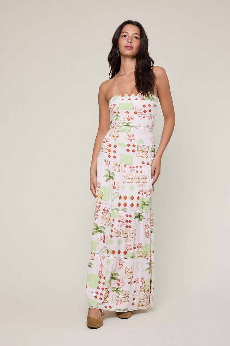 Vintage Palm Tree Tiered Lace Trim Tube Maxi Dress