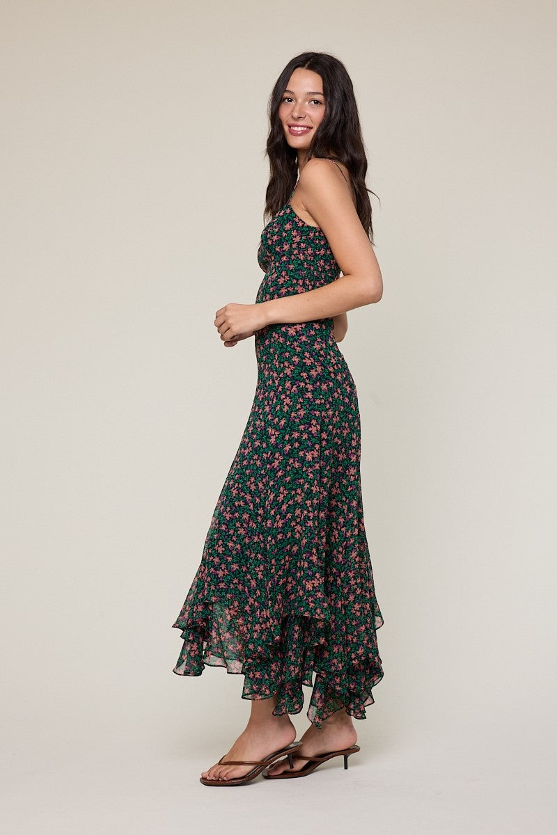 Night Ditsy High-low Ruffle Down Midi Dress
