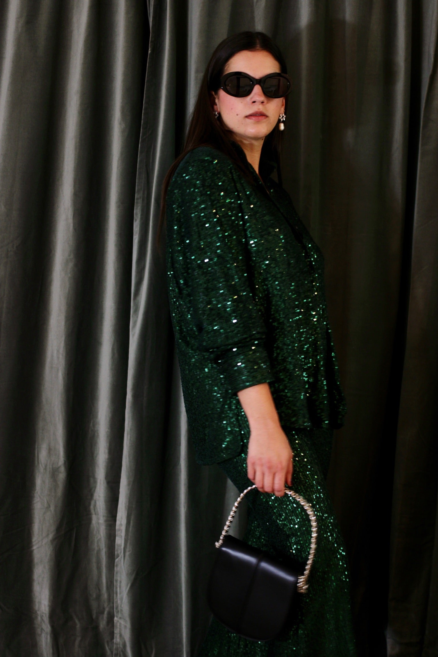 Green Sequin Button Down shirt & Flare Pants | Collective Request 