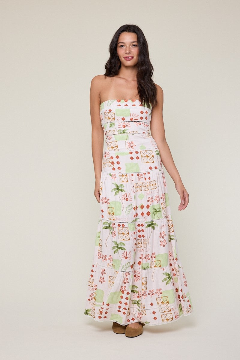 Vintage Palm Tree Tiered Lace Trim Tube Maxi Dress