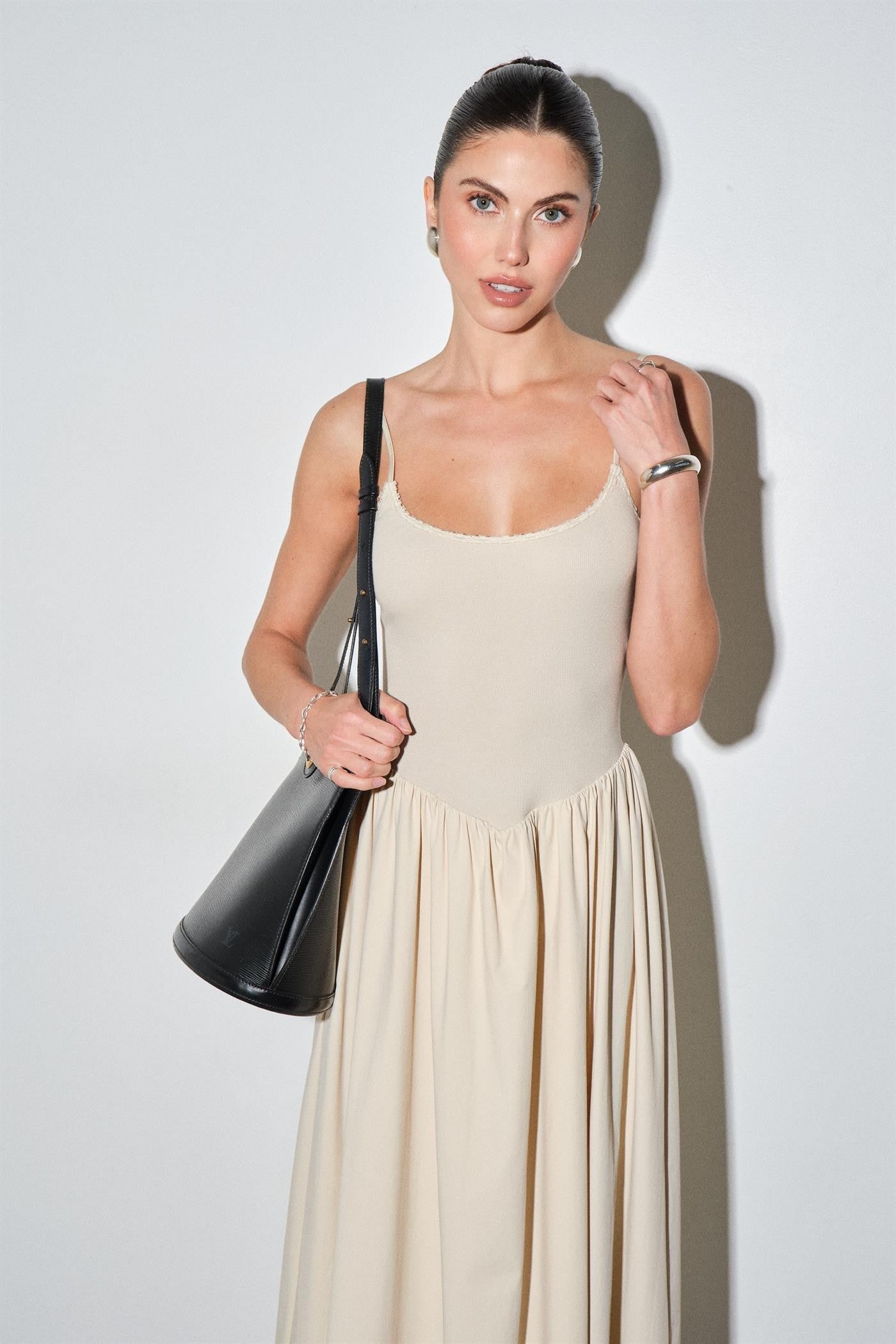 Anna Jersey Bodice Poplin Skirt Gathered Midi Dress