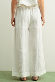 White Stitch Detailed Wide Leg Linen Pants