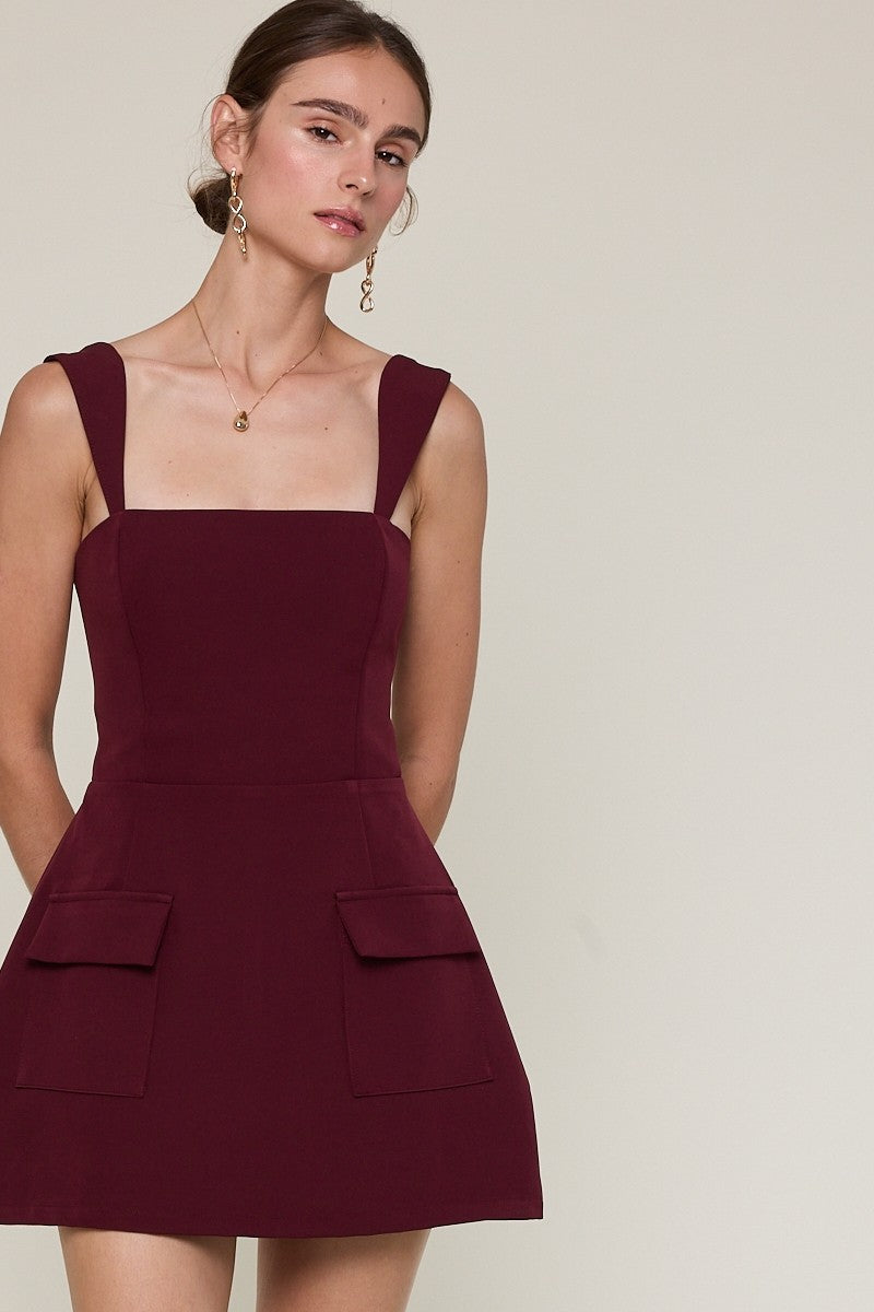 Burgundy Square Neck Plain Mini Dress