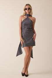 Stain Polka Dot Long Scarf Bias Cut Mini Dress