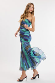 Ocean Tie-dye See-through Ruched Tube Midi Dress