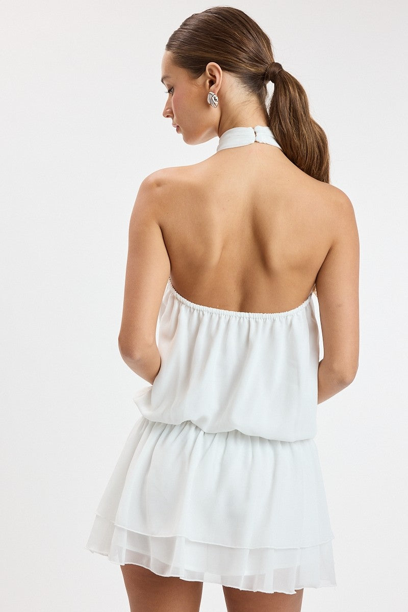 White Crinkle Chiffon Mock Neck Scarf Keyhole Mini Dress