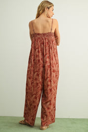 Leaf Printed Loose Jumpsuit