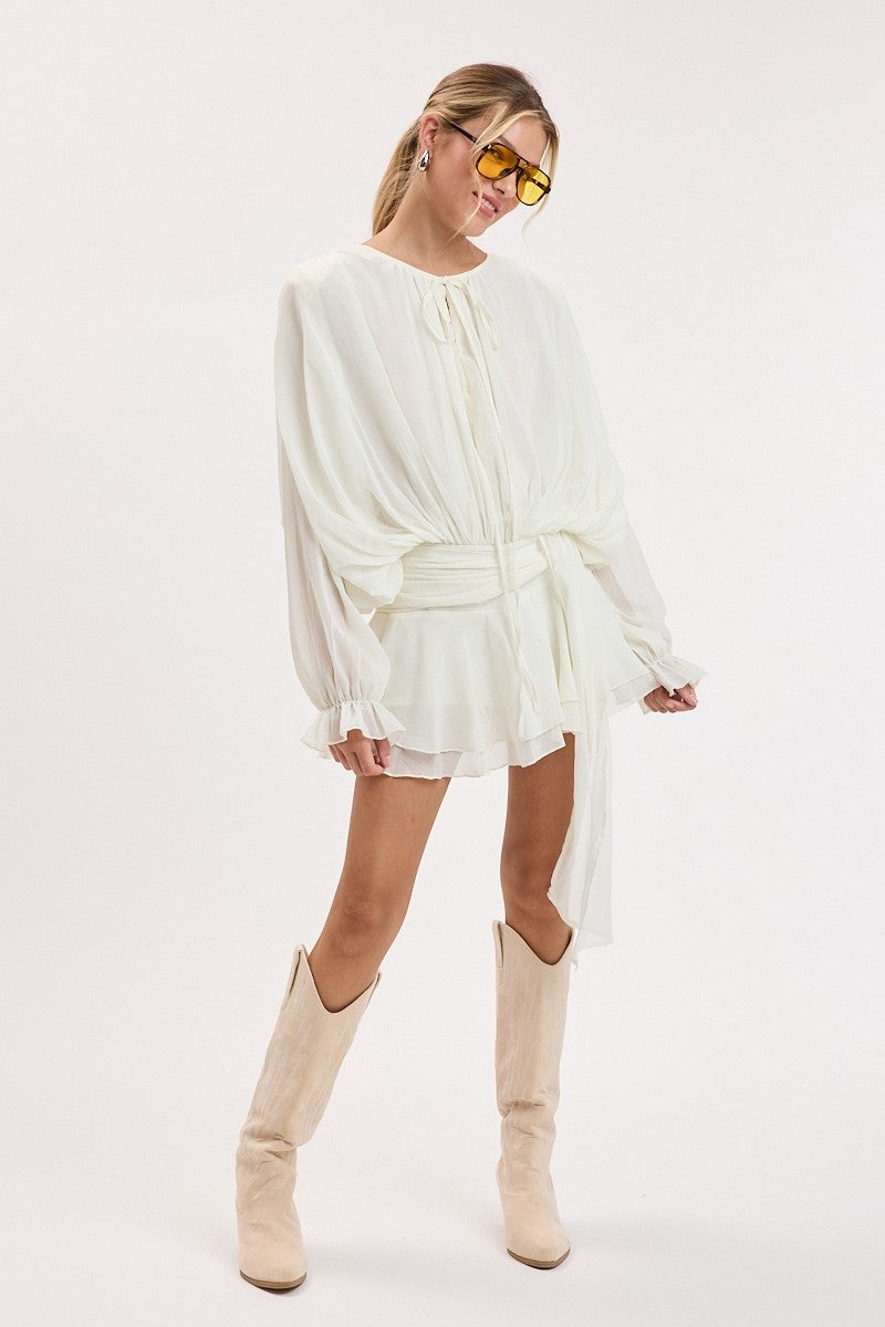 Crinkle Chiffon Shoulder Pad Ruffle Mini Dress