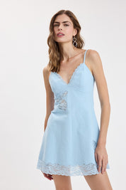 Blue Linen Floral Lace Accent Cocktail Mini Dress