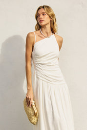 Linen Drop Waist Ruched Maxi Dress