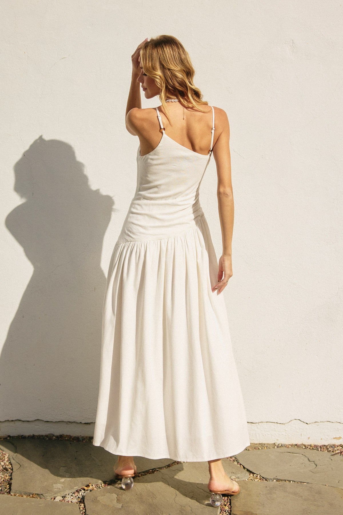 Linen Drop Waist Ruched Maxi Dress
