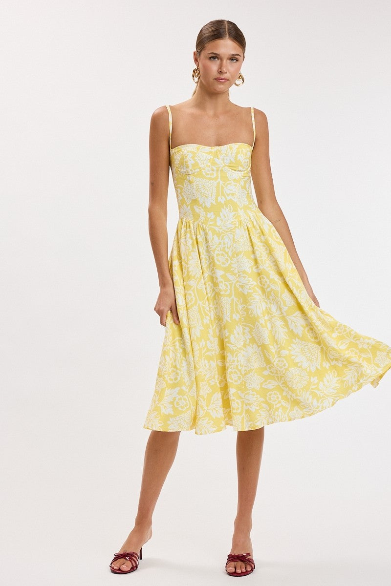 Yellow Floral Sleeveless Underwire Long Midi Dress