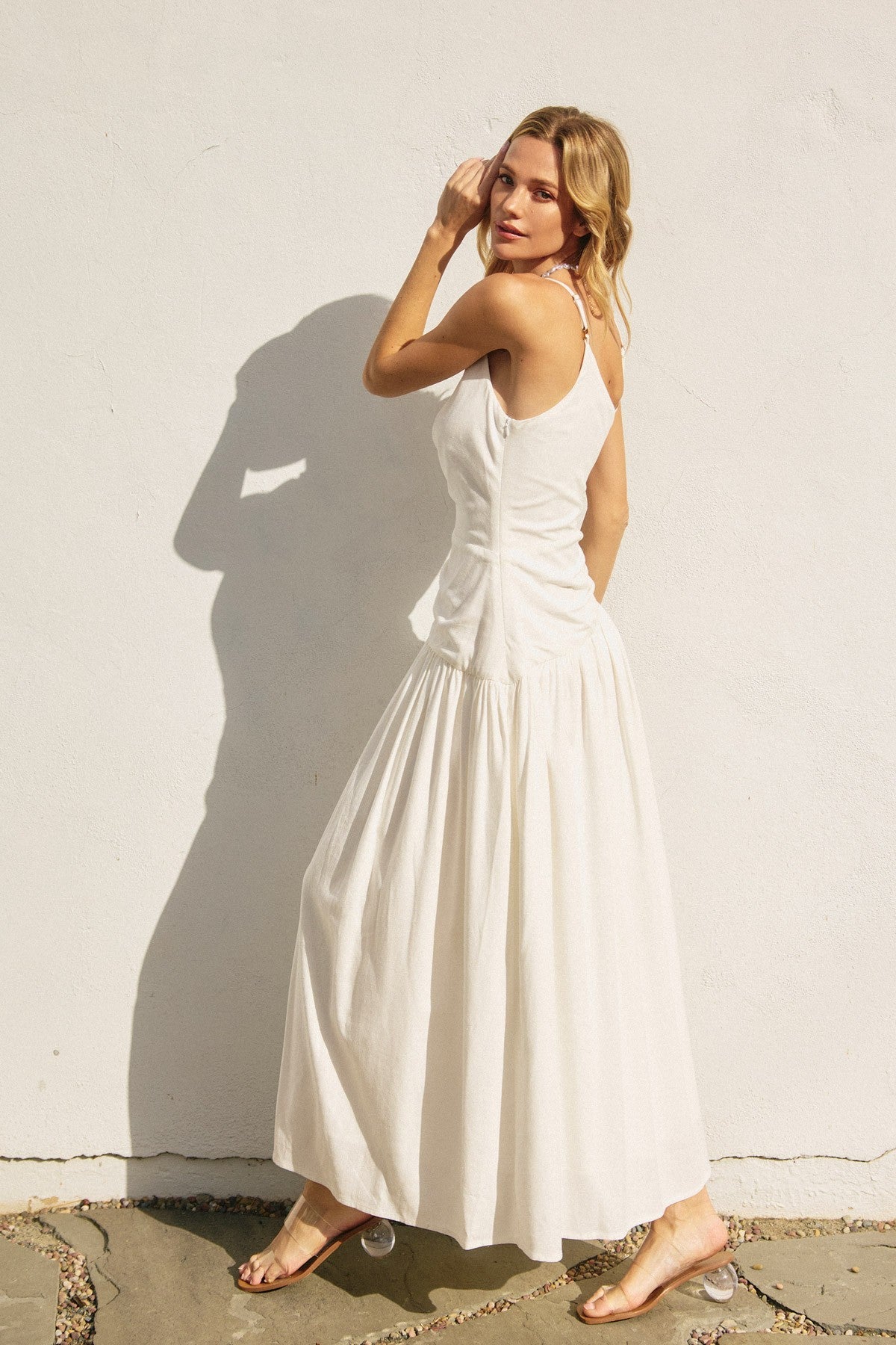 Linen Drop Waist Ruched Maxi Dress