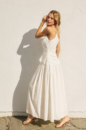 Linen Drop Waist Ruched Maxi Dress