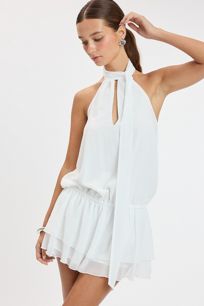 White Crinkle Chiffon Mock Neck Scarf Keyhole Mini Dress