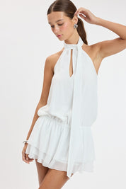 White Crinkle Chiffon Mock Neck Scarf Keyhole Mini Dress