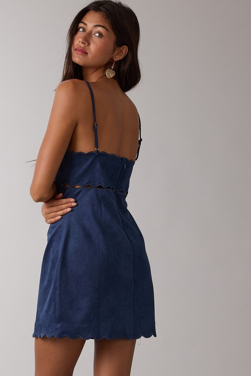Suede Solid Color Scallop Cut V-neck Mini Dress