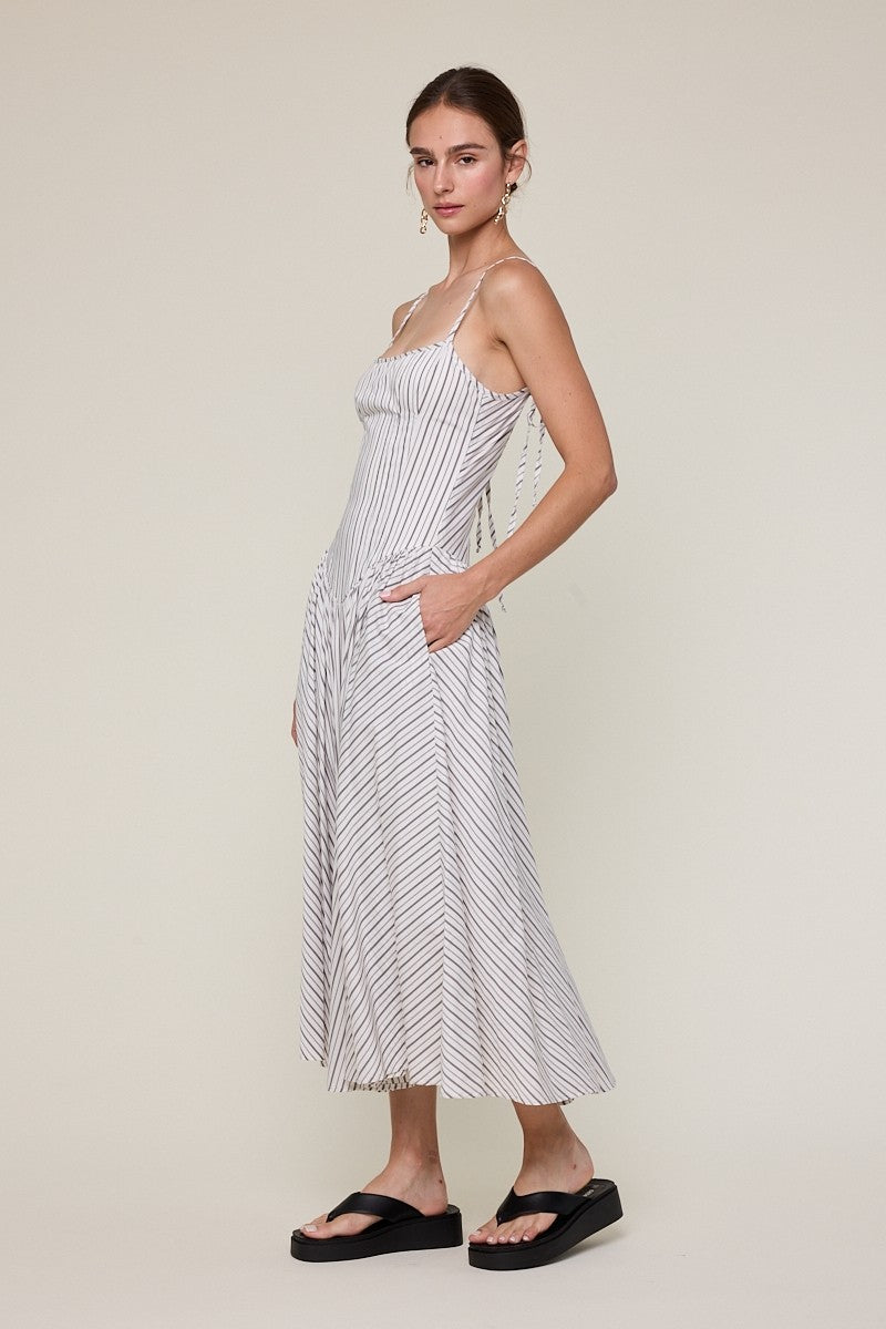 Black Striped Tie Strap Casual Fit & Flare Midi Dress