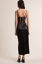 See-through Black Floral Lace Satin Midi Dress