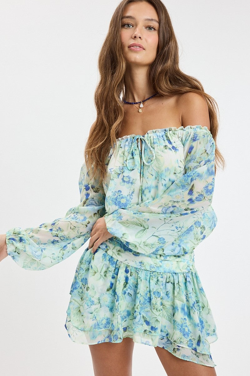 Blue Vibrant Floral Off-shoulder Long Sleeve Mini Dress