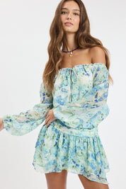 Blue Vibrant Floral Off-shoulder Long Sleeve Mini Dress