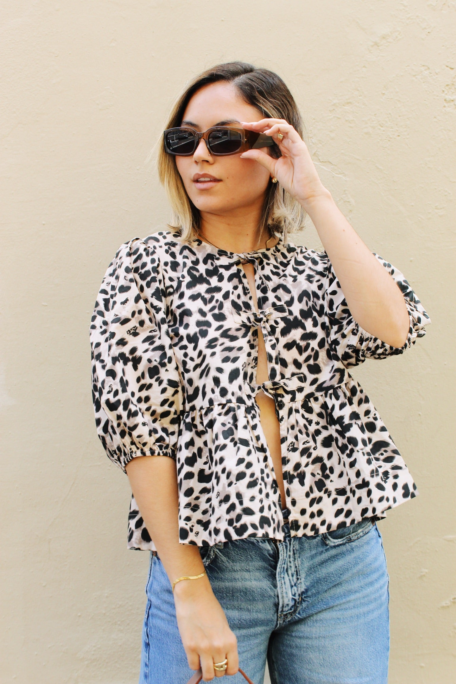 Leopard Print Front Self Tie Peplum Top | Collective Request 