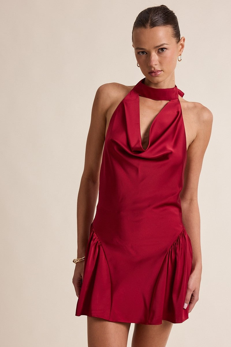 Red Satin Halter Tie Front Cutout Cocktail Mini Dress