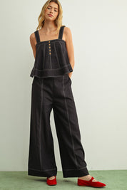 Navy Stitch Detailed Wide Leg Linen Pants