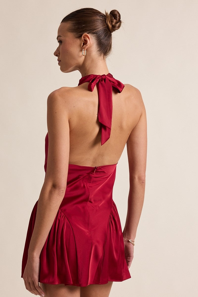 Red Satin Halter Tie Front Cutout Cocktail Mini Dress